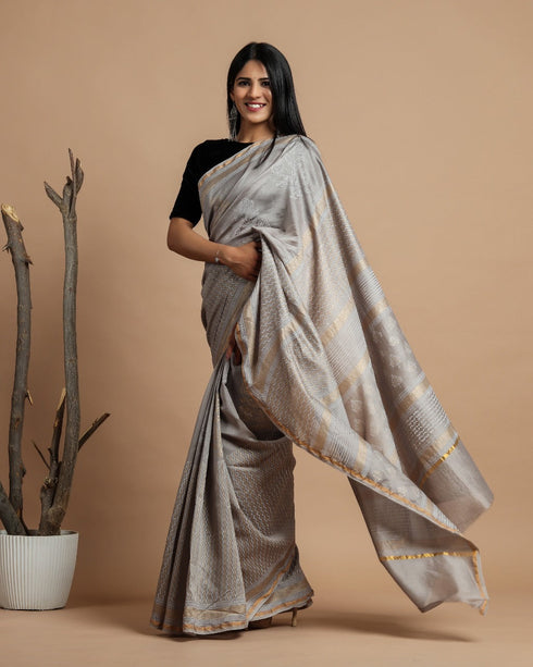 Elegant Hand Block Print Chanderi Silk Saree (CHSAR07)
